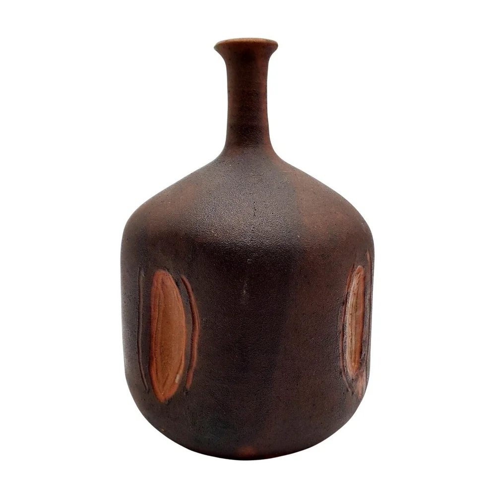 Scandinavian Bottle Neck Art Pottery Vase Modern Ceramic Matte Brown Mid Century